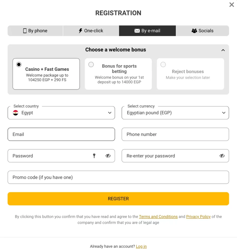 Screenshot of Melbet Egypt registration form showing signup options