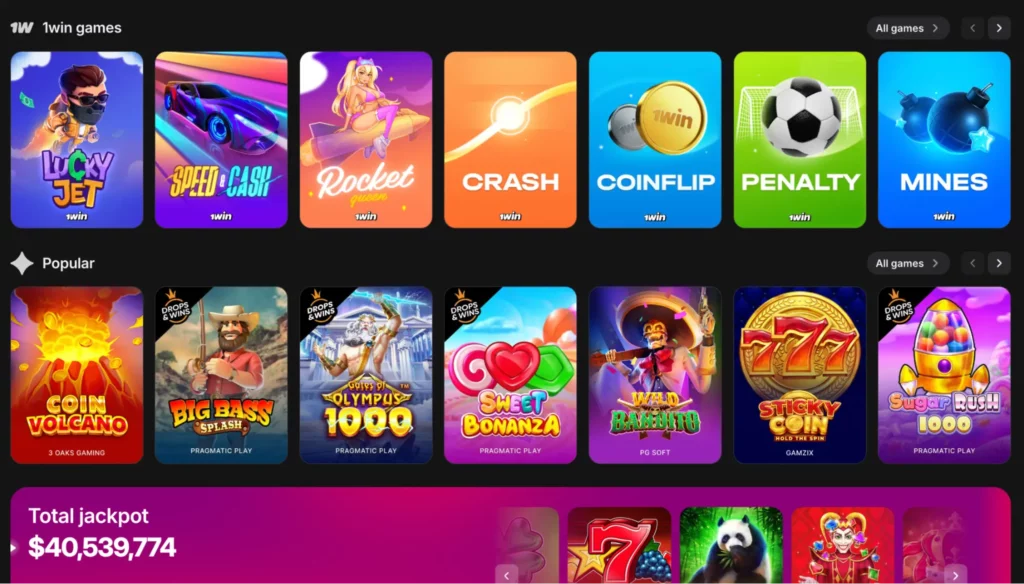 Screenshot of 1WinCasino casino games lobby showing slots, live casino, roulette and crash games categories.