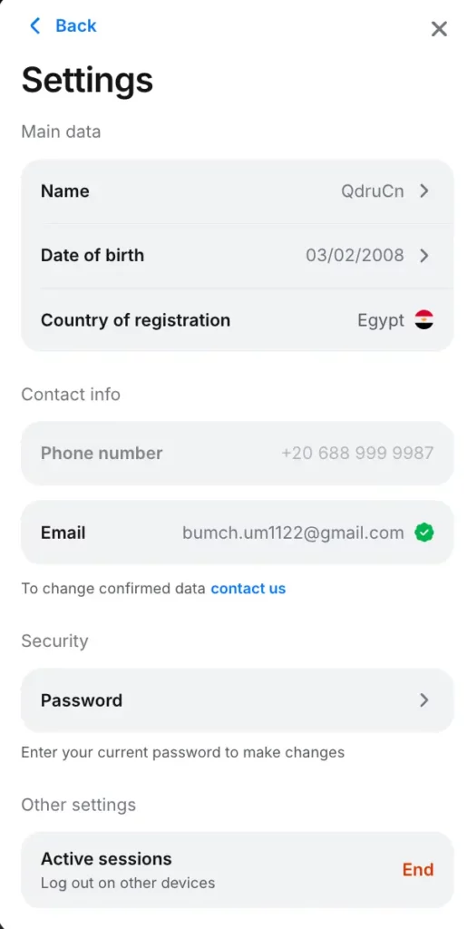 Screenshot of 1WinCasino KYC verification form showing required personal information fields and document upload section.