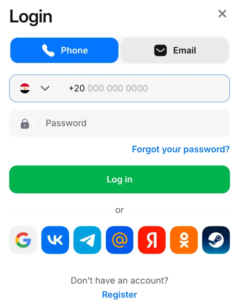 Screenshot of 1Win Casino login form showing phone, email, and password fields.