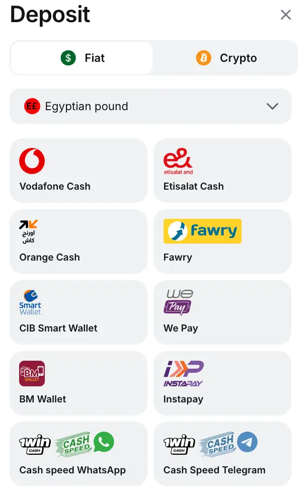 Screenshot of 1WinCasino payment methods section showing Vodafone Cash, Orange Cash, Etisalat Cash and cryptocurrency options.